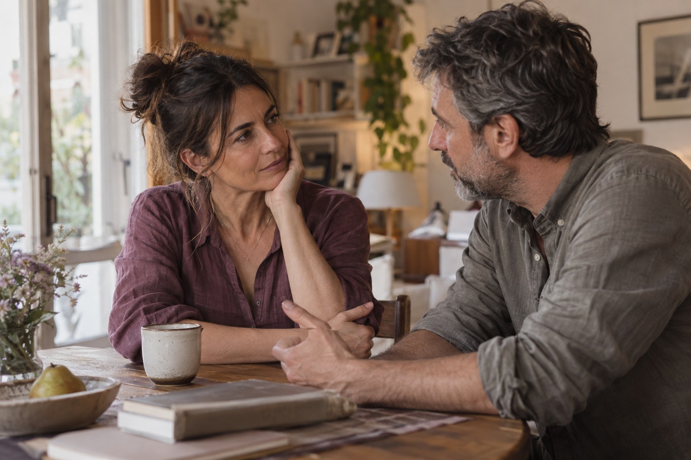 Una pareja conversa sobre su relación, ilustración editorial