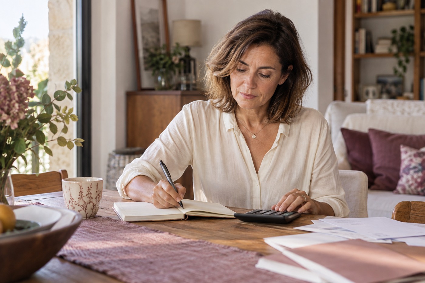 Una mujer reflexiona con un cuaderno, ilustración editorial