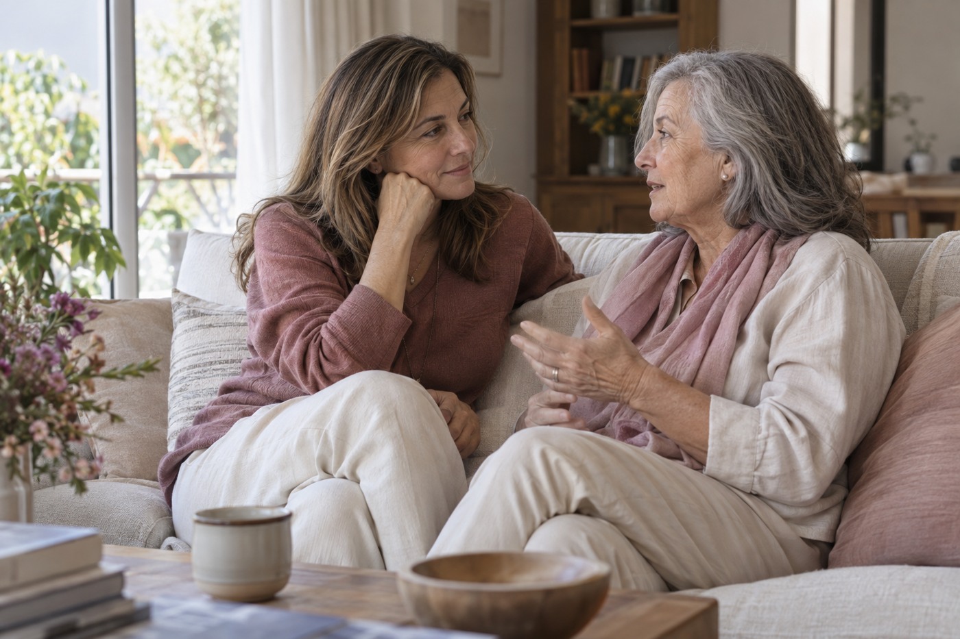 Dos mujeres de generaciones distintas conversan en un sofá.