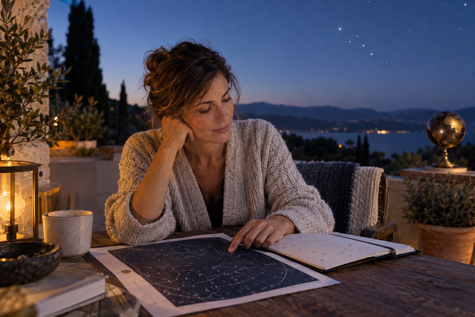 Una mujer estudia una carta celeste en una terraza al anochecer, ilustración editorial