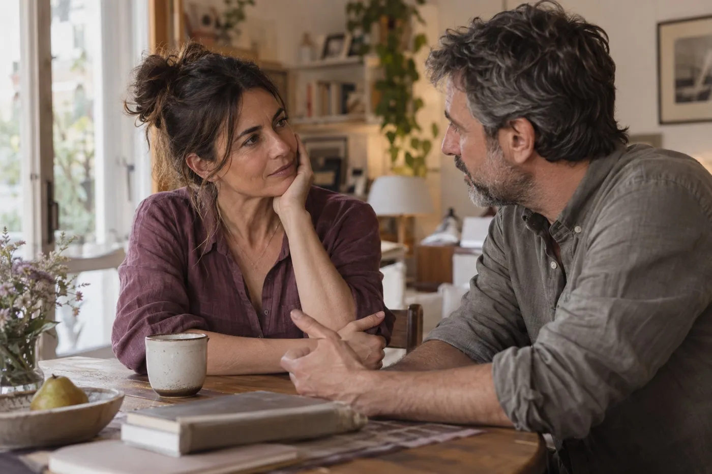Una pareja conversa con seriedad en una mesa.
