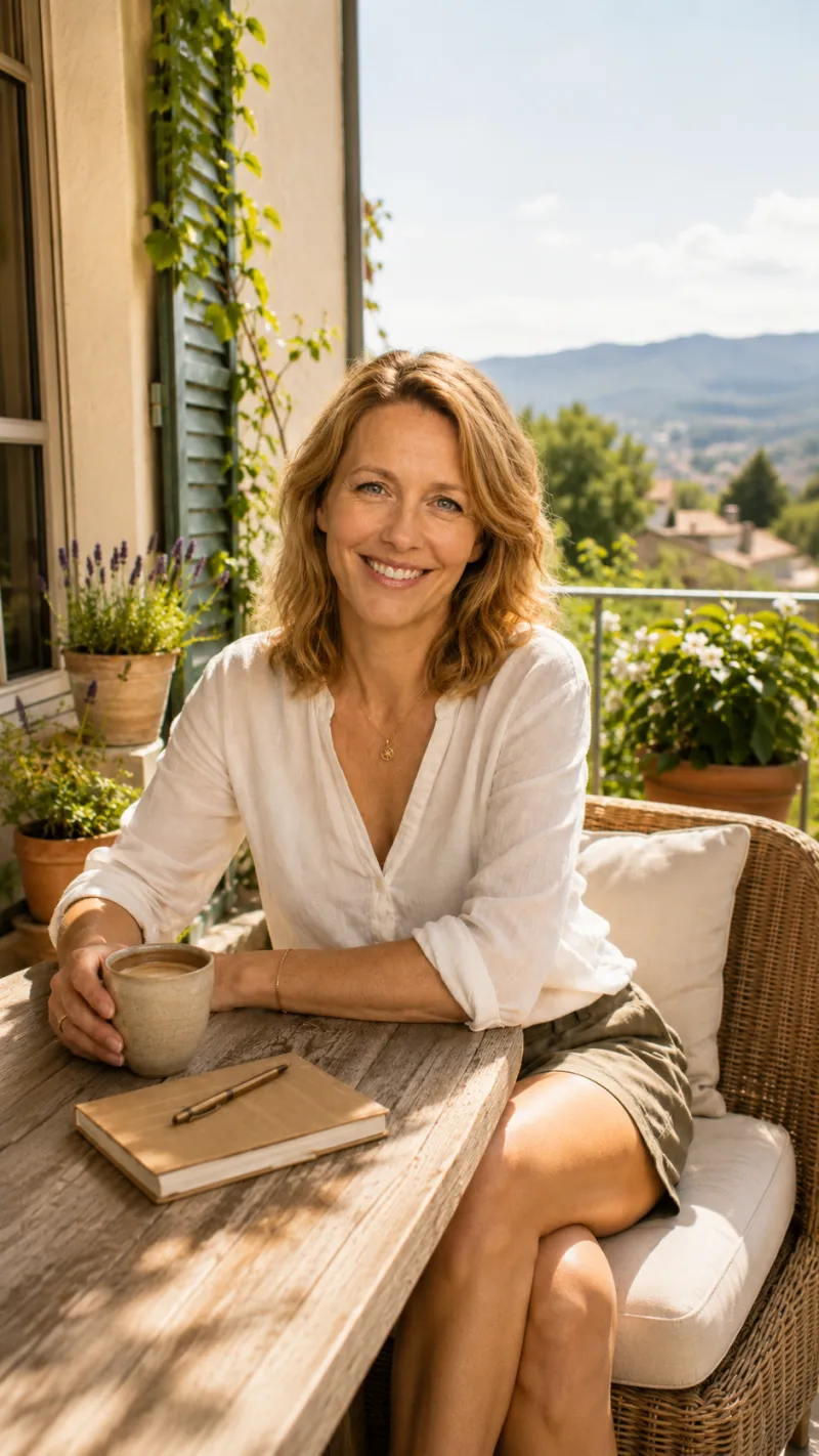 Anna Keller en una terraza soleada, con una taza de café y un cuaderno. Imagen creada con IA.