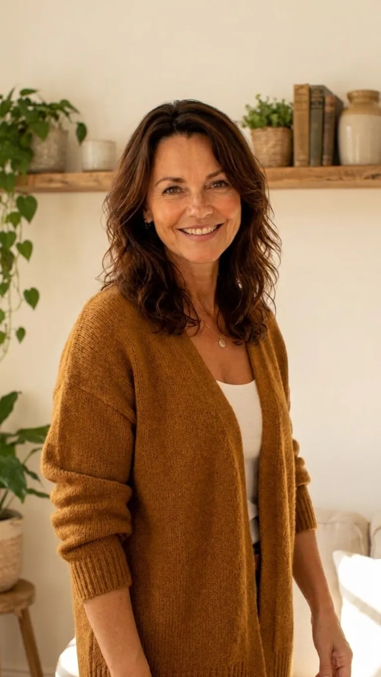 Lena Hartmann sonriendo, con un cárdigan ámbar, en un salón luminoso con plantas y libros. Imagen creada con IA.