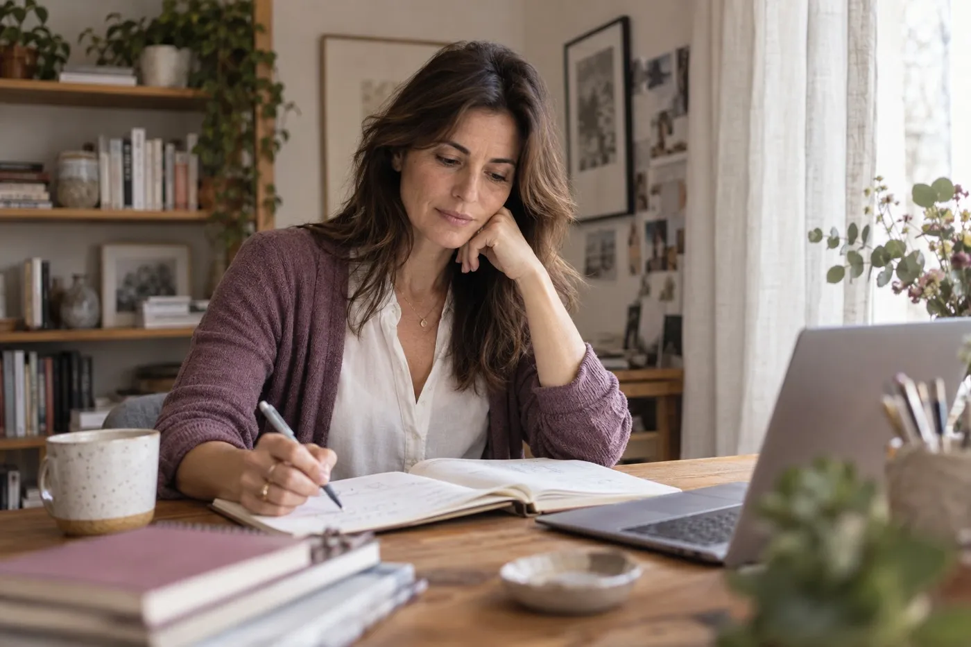 Una mujer piensa en su proyecto con un cuaderno.