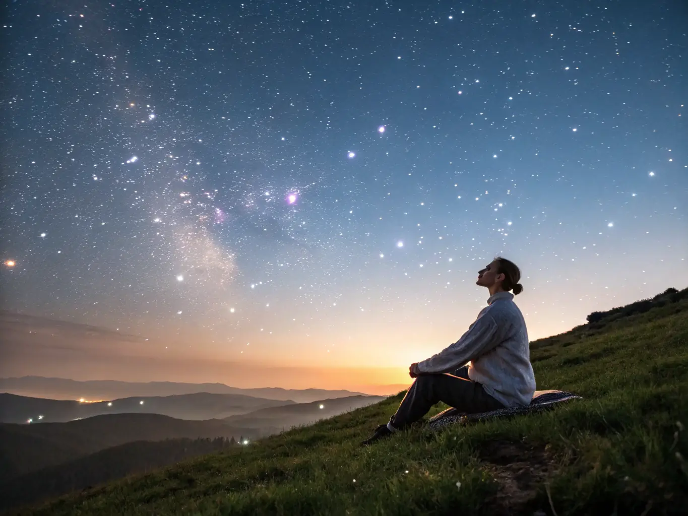 A serene image of a person meditating under a starlit sky, symbolizing spiritual guidance and cosmic connection.