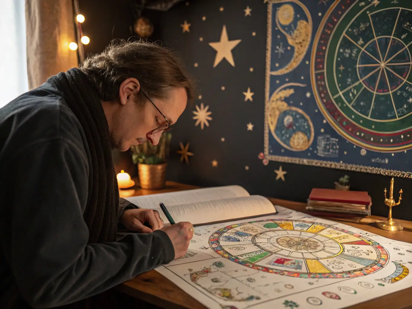 An image of a professional astro coach consulting with a client over a digital chart display, with celestial symbols in the background, representing Personal Astro Coaching.